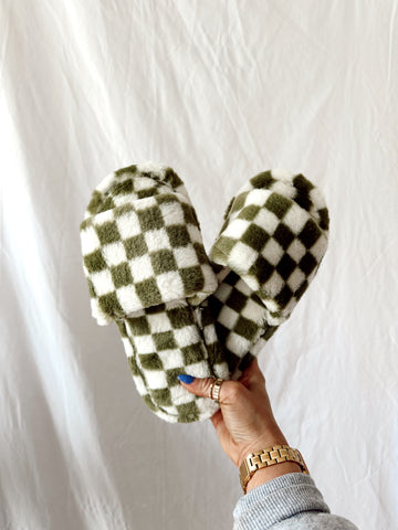 Olive Checkered Slippers